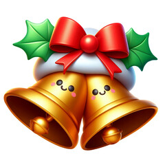 A pair of golden bells, smiling sweetly, adorned with red bows and holly leaves, bright and cheerful for Christmas