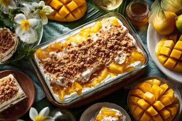 Mango Float in glass baking dish, topped with whipped cream and crumbly topping, surrounded by tropical fruits. Concept of vibrant mango cream dessert Filipino festive atmosphere.