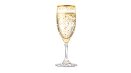 Isolated on a white background, two crystal champagne glass flutes filled with bubbly golden liquid and fizzing bubbles celebrate a New Year holiday toast or anniversary party with festive alcoholic 
