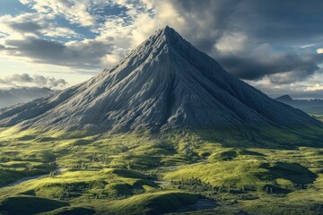 Majestic mountain rises above lush green valley under dramatic clouds in the afternoon light