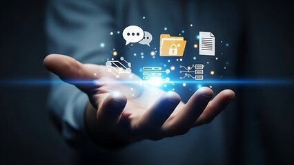 A hand holding digital icons representing communication and documents in a futuristic interface