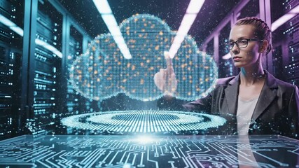 Woman interacts with cloud computing hologram displaying pixel cloud icon in data center with circuit board display. Businesswoman touches cloud technology interface with digital cloud visualization i - Powered by Adobe