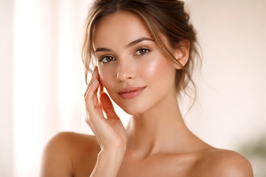 Beauty portrait of young brunette woman touching fresh clean face with healthy skin looking at camera on white background