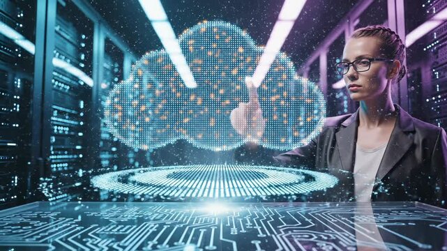 Woman interacts with cloud computing hologram displaying pixel cloud icon in data center with circuit board display. Businesswoman touches cloud technology interface with digital cloud visualization i