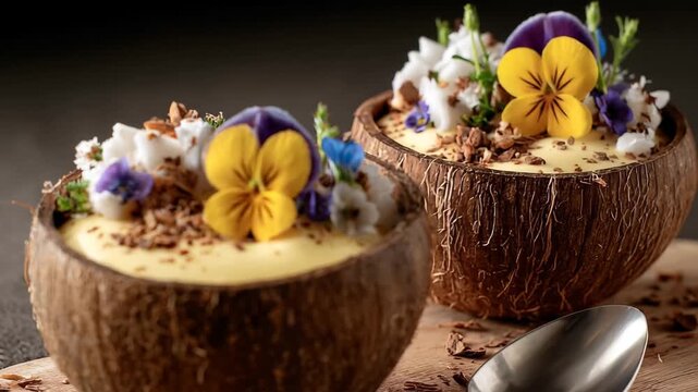 Tropical creamy pudding presented inside a coconut shell with a spoon, Creamy pudding displayed in a coconut shell, with a spoon included for enjoying this tropical treat