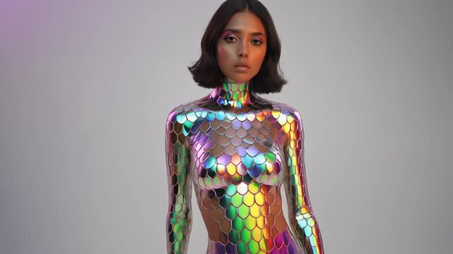 Futuristic Woman Adorned in Iridescent Digitalskin, Shimmering with Vibrant Hues and Reflective Scales, a Vision of Advanced Human Augmentation
