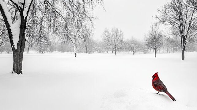 Black and white photo of a snowy landscape with a single red cardinal bird .