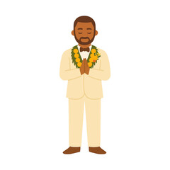 African American Groom in Beige Suit with Flower Lei Namaste Pose Wedding Illustration