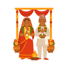 Nepali Bride and Groom in Traditional Attire Under Wedding Mandap with Havan Illustration
