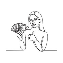 Woman holding money and giving a thumbs up in a single line drawing