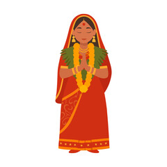 Indian Bride in Traditional Red Saree with Marigold Garland Namaste Pose Illustration