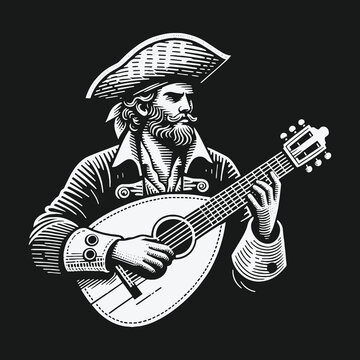 Bearded pirate in a tricorn hat playing a mandolin illustration.