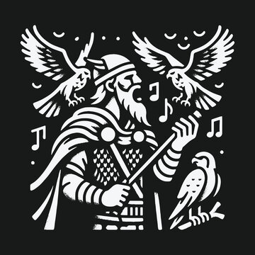 Viking skald chanting ancient Norse sagas with his companion birds.