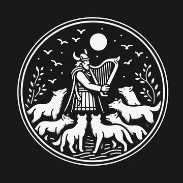 Viking bard playing a harp for a pack of wolves under the moon.
