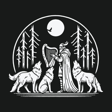 Viking bard playing a harp for howling wolves under a full moon.