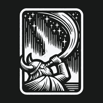 Monochrome illustration of a Viking warrior blowing a mythical horn under a starry night sky.