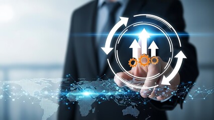 Business professional presenting a digital growth chart with glowing arrows and a world map background