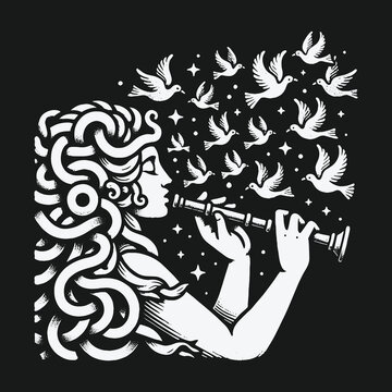 Mystical woman playing a magic flute releasing a flock of doves into the starry night.