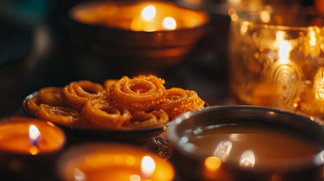 Close-up of warm, sweet jalebi served with chai for Diwali .