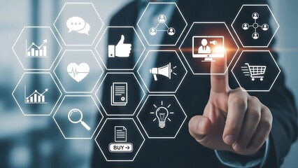 Digital network concept with a hand touching glowing icons representing data analytics and modern technology solutions