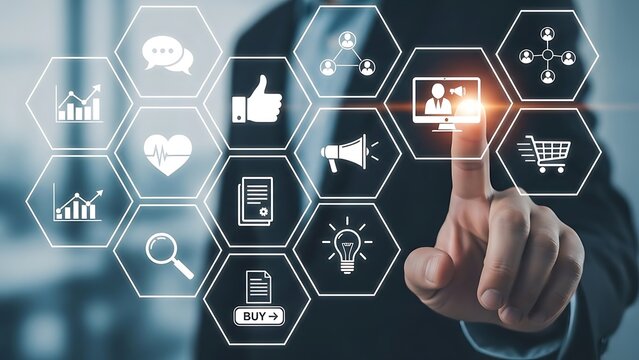 Digital network concept with a hand touching glowing icons representing data analytics and modern technology solutions - Powered by Adobe
