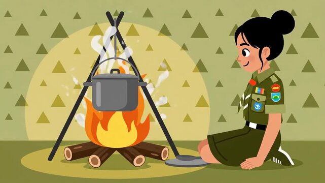 Girl Scout Camping Adventures: Cooking Over A Campfire in Playful and Attractive Cartoon Style