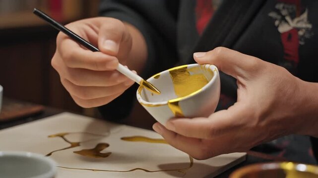 Close-up of hands carefully repairing a ceramic bowl with gold lacquer, a traditional Japanese kintsugi art form