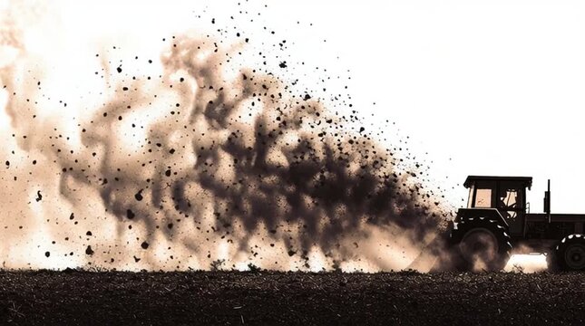Agriculture visualized as raw motion: rising soil erupts like a dust explosion, dynamically forming a crop silhouette in mid-air, expressing power, resilience, and the force of cultivation.
