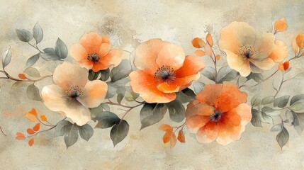 Watercolor Floral Arrangement: Orange Poppies and Greenery on Textured Background