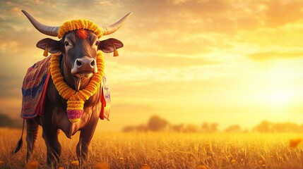 Decorated bull with colorful cloth and marigold garlands standing in a golden field at sunset, celebrating Pongal .