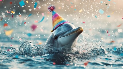 Dolphin with a festive party hat, splashing in the sea with confetti raining down. .