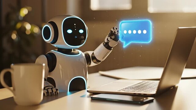 Robot assistant points at chat bubble near laptop. AI chatbot displays message on desk. Robot communicates with hologram. Digital assistant works with laptop. AI robot shows chat interface.