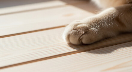 Close-up of a ginger cat's fluffy paw resting on a light-colored wooden floor in bright natural sunlight