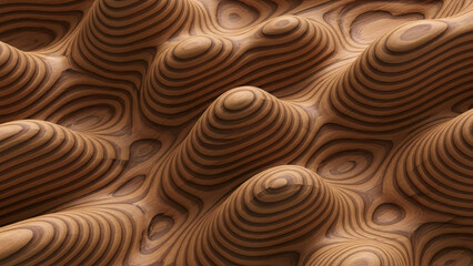 Abstract 3D Topographic Landscape Carved from Natural Wood Grain Layers