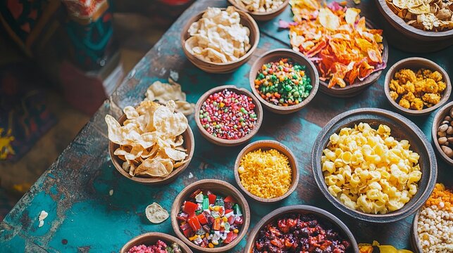 Festival sweets and spicy treats like bhel puri on a table .