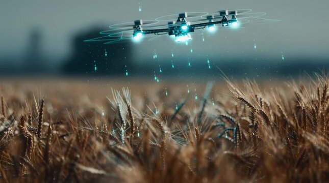 Futuristic AI crop-scanning hologram hovering above golden wheat fields, visualizing invisible data analytics and precision agriculture in a clean, minimal, tech-forward farming landscape.
