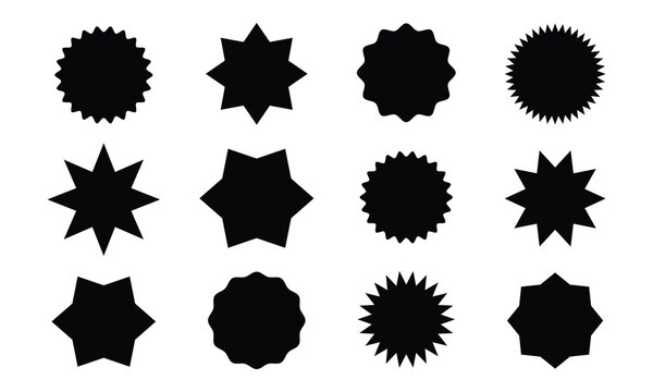 Retro Sunburst icon set, Vintage sunburst vector. Wavy edge circle promo black badges. Starburst speech bubbles.  Radial Sunburst element. Vector illustration.