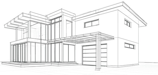 Modern luxury house architectural sketch with glass walls and garage, 3d wireframe building vector illustration design © Al