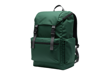 Deep forest green modern backpack with black buckles & padded straps, isolated on transparent background with copy space, showcasing innovative design & practical utility, concept for product catalog