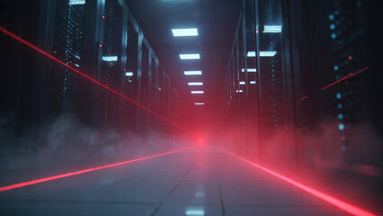 Data Center Hallway with Red Laser