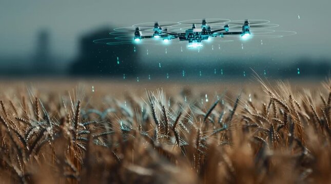 Futuristic AI crop-scanning hologram hovering above golden wheat fields, visualizing invisible data analytics and precision agriculture in a clean, minimal, tech-forward farming landscape.
