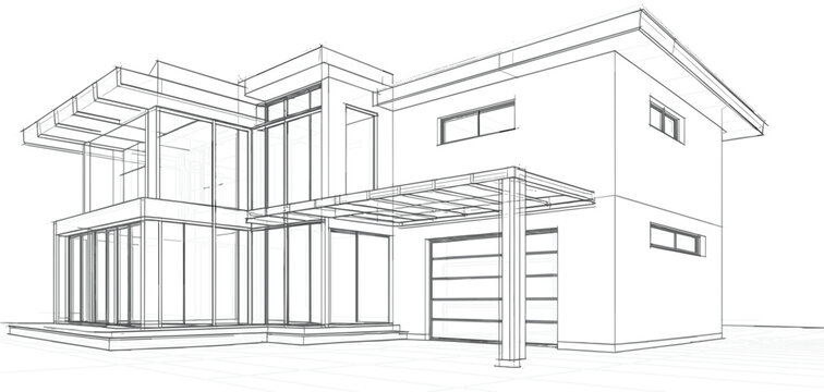 Modern luxury house architectural sketch with glass walls and garage, 3d wireframe building vector illustration design