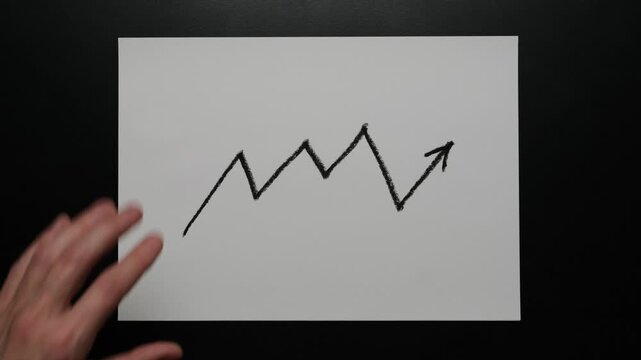 Hand drawn zigzag arrow showing unstable progress, ups and downs, uncertainty and non linear growth concept