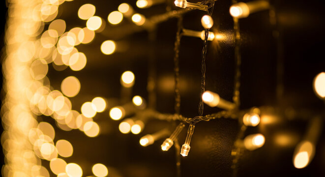 Warm golden fairy lights with a beautiful bokeh effect on a dark background - Powered by Adobe