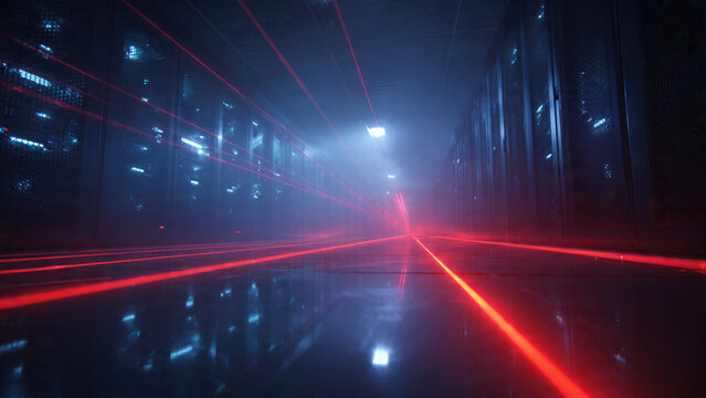 Data Center Servers with Red Laser Beams - Powered by Adobe