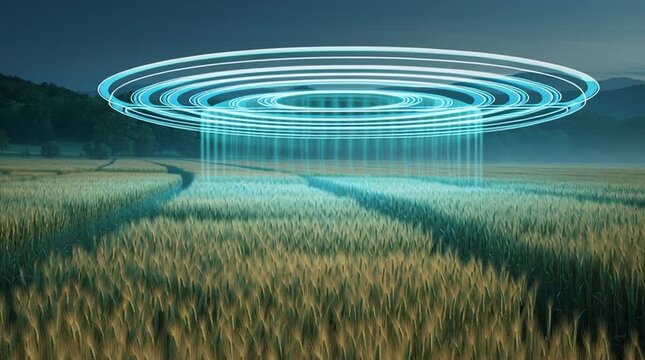 Futuristic AI crop-scanning hologram hovering above golden wheat fields, visualizing invisible data analytics and precision agriculture in a clean, minimal, tech-forward farming landscape.
