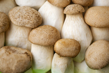 Close-up of brown and white mushrooms stacked for texture or organic produce detail concept