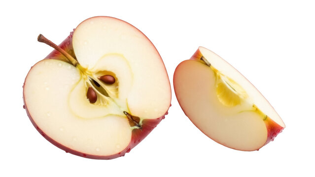 Sliced red apple isolated PNG on transparent background, fresh fruit cut in half and a slice for healthy eating and cooking