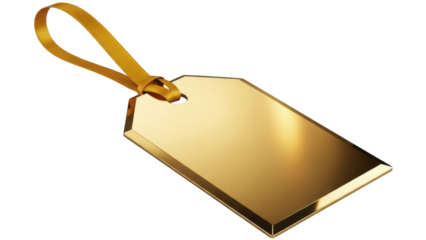 Elegant golden tag with ribbon isolated PNG on transparent background, luxury gift label for branding and promotional use
