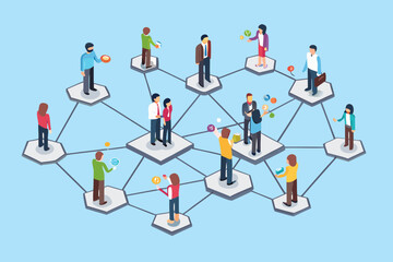 Isometric illustration of people connected by a network of platforms and lines